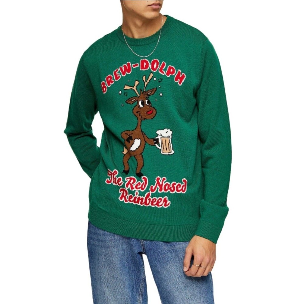 Topman Mens Brew-Dolph Crewneck Sweater Green the Red Nose Reindeer Large NWT